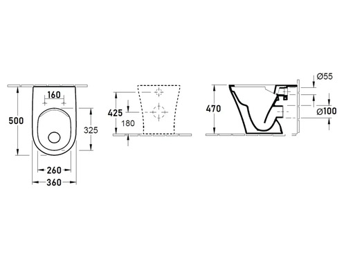 Schéma technique d''un WC suspendu avec indications de dimensions.