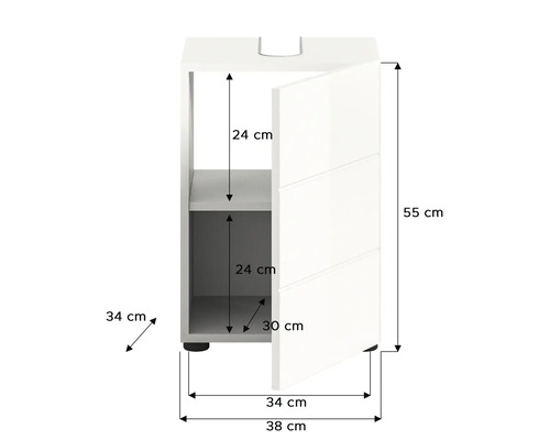 Meuble sous-lavabo avec porte et indications de taille