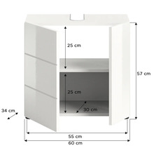 Image d''un meuble de salle de bain avec les dimensions 57, 30, 25, 34, 55 et 60 centimètres.