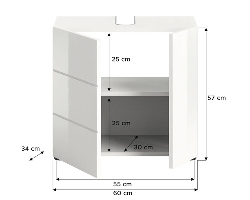 Image d''un meuble de salle de bain avec les dimensions 57, 30, 25, 34, 55 et 60 centimètres.