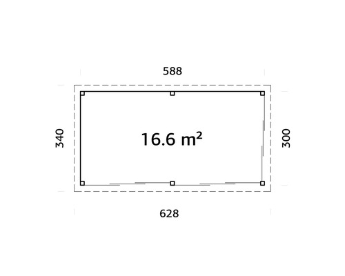 Plan avec dimensions : 340 x 628 centimètres, surface de 16,6 mètres carrés