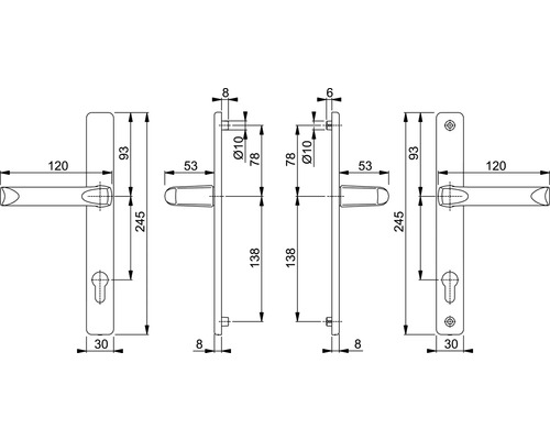 Technische Zeichnung eines Türgriffs mit Maßangaben