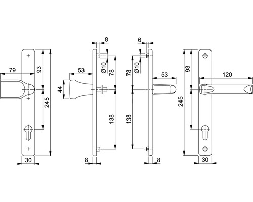Technische Zeichnung eines Türdrückers mit Maßangaben