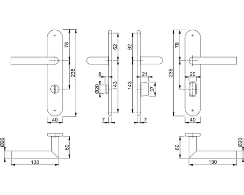 Schéma technique d''une poignée de porte avec les dimensions.