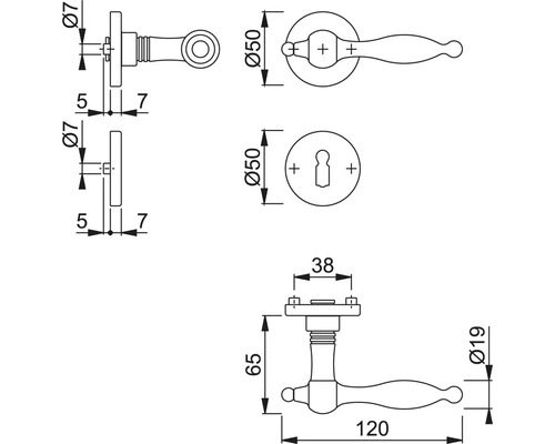 Technische Zeichnung eines Türdrückers mit Maßangaben