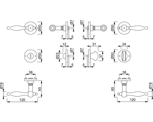 Technische Zeichnung eines Türdrückers mit Maßen.