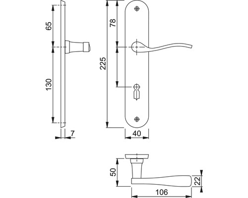 Schéma technique d''une poignée de porte avec les dimensions