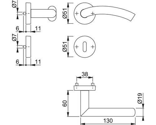 Schéma technique d''une poignée de porte avec les dimensions