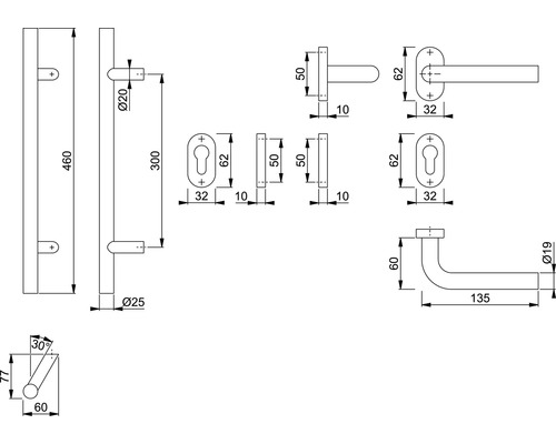 Dessin technique d''une garniture de porte avec indications de dimensions