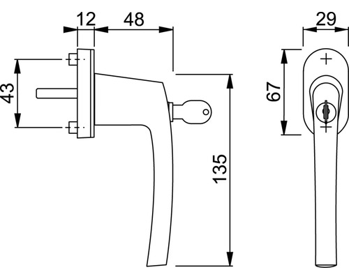 Technische Zeichnung eines Fenstergriffs mit Maßangaben