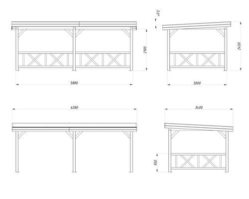 Technische Zeichnung eines Holzpavillons mit Maßangaben