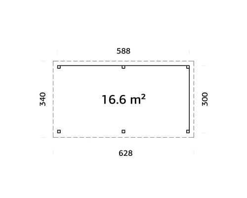 Grundriss mit den Maßen 588 x 340 x 628 x 300 cm und einer Fläche von 16,6 Quadratmetern