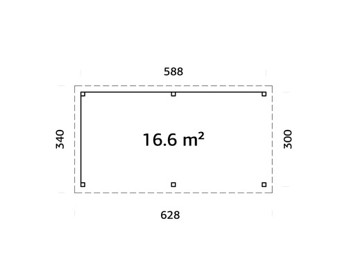 Grundriss mit den Maßen 588 mal 340, 628 mal 300 und 16,6 Quadratmeter Fläche