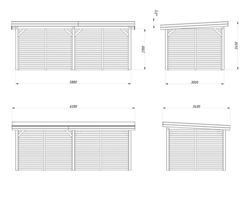 Technische Zeichnung eines Carports mit Seitenwänden und Größenangaben.
