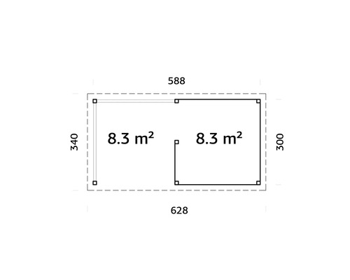 Grundriss eines Gartenhauses mit den Maßen 588 mal 628 Zentimeter