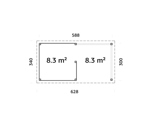 Grundrisszeichnung mit Maßen für Gartenhaus