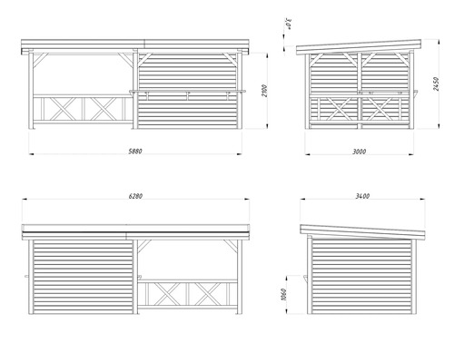 Technische Zeichnung eines Pavillons mit Massangaben