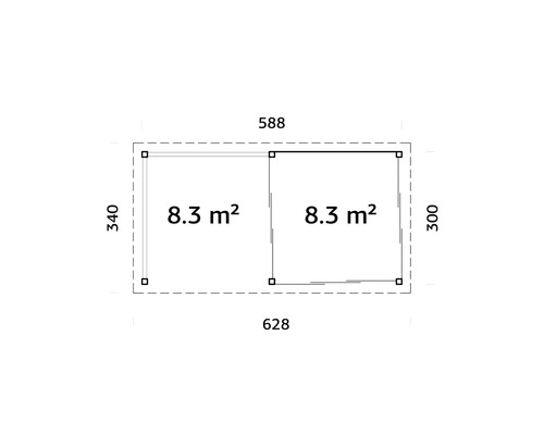 Plan avec dimensions pour une cabane de jardin, composée de deux carrés de 8,3 mètres carrés chacun.