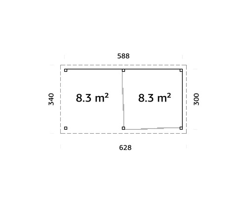 Plan d''un abri de jardin mesurant 628 x 588 x 340 x 300 cm et d''une superficie de 8,3 mètres carrés par pièce