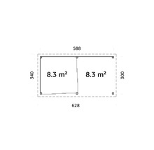 Plan avec dimensions : 588 x 628 x 340 x 300, 8,3 mètres carrés chacun.