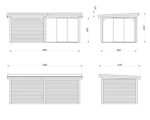 Dessin technique d''un abri de jardin avec dimensions