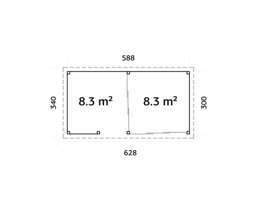 Plan d''un abri de jardin avec indication de la surface et des dimensions extérieures.