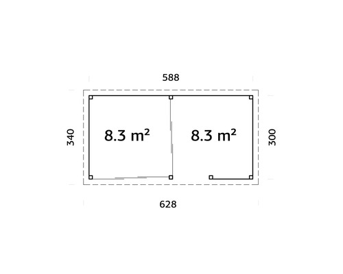 Plan d''un abri de jardin avec indication de la surface des pièces et des dimensions