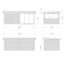 Dessin technique d''une cabane de jardin avec indications de dimensions.