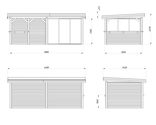 Dessin technique d''une cabane de jardin avec indications de dimensions.