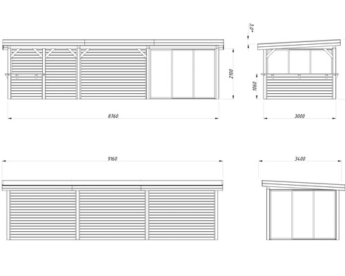 Dessin technique d''un abri de jardin avec dimensions.