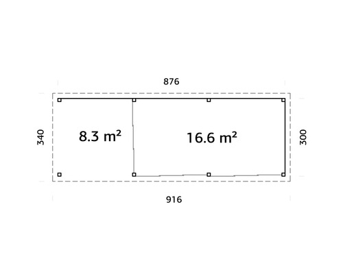 Plan d''un abri de jardin mesurant 876 x 340 et 916 x 300 avec indication de surface