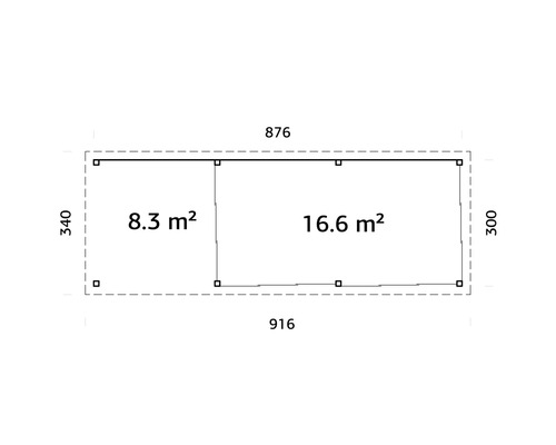 Plan d''un abri de jardin mesurant 876 sur 340 et 916 sur 300, divisé en zones de 8,3 et 16,6 mètres carrés
