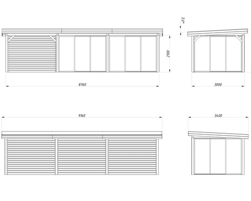 Dessin d''un garage en bois avec les dimensions longueur 9160 mm, largeur 3400 mm et hauteur 2100 mm.