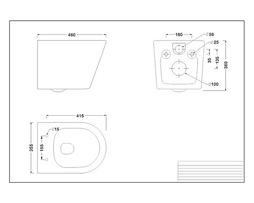 Technische Zeichnung einer Toilette mit Maßen