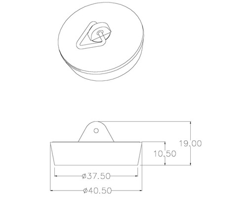 Schéma d''un bouchon d''évier avec des dimensions de 40,50 mm, 37,50 mm et 19 mm