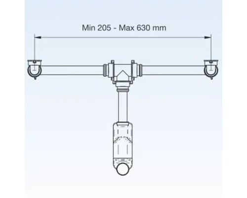 Ablaufgarnitur mit den Maßen minimal 205 bis maximal 630 Millimeter.