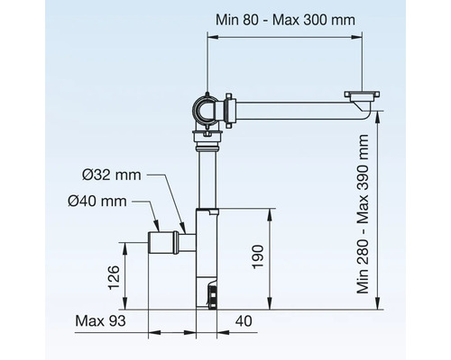 Abbildung mit Maßangaben für ein Siphon