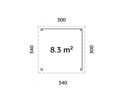 Grundriss mit Maßangaben: 8.3 Quadratmeter Fläche, 300 Zentimeter und 340 Zentimeter Seitenlänge
