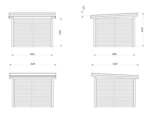 Technische Zeichnung eines Gartenhauses mit Maßangaben