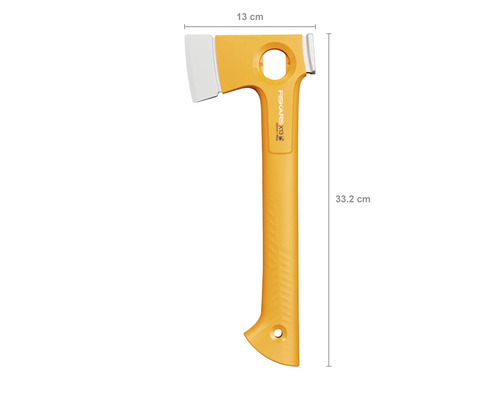 Hache à fendre Fiskars X13 d''une longueur de 33,2 cm et d''une largeur de tête de 13 cm.