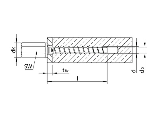 Technische Zeichnung eines Bolzens in einer Wand mit Maßangaben