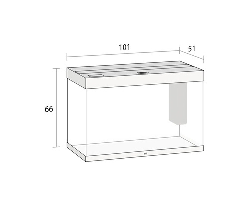 Image d''un aquarium avec les dimensions suivantes : 101, 66 et 51 centimètres.