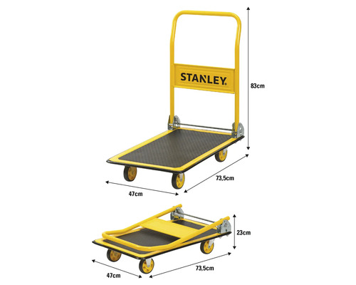 Stanley Logo Transportwagen, 83 x 73,5 x 47 cm in zwei Ansichten, aufgebaut und zusammengeklappt