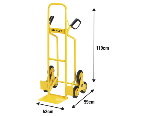 Gelbe Treppenkarre von Stanley mit den Maßen 119 cm Höhe, 52 cm Breite und 59 cm Tiefe.