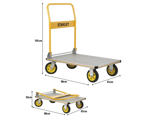 Stanley Transportwagen mit den Massen 90 x 61 x 101 Zentimeter im ausgeklappten Zustand und 90 x 61 x 33 Zentimeter im eingeklappten Zustand