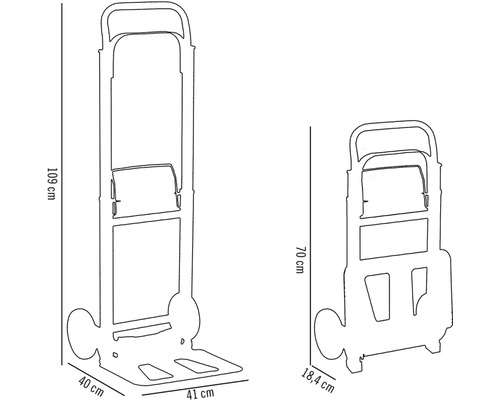 Abmessungen einer Sackkarre im zusammengeklappten und auseinandergeklappten Zustand
