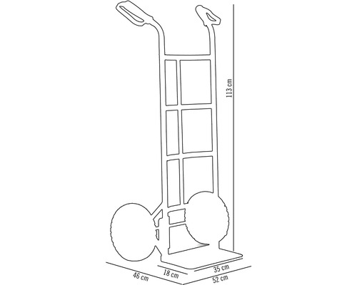 Abbildung einer Sackkarre mit den Maßen 113 cm Höhe, 46 cm Länge, 52 cm Breite und 35 cm Tiefe