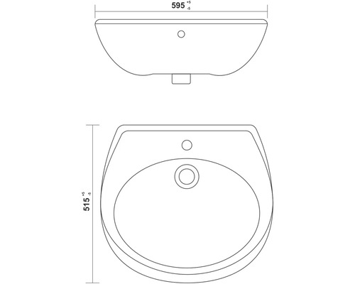 Schéma technique d''un lavabo, dimensions : 595 mm de largeur et 515 mm de profondeur.