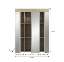 Dimensions d''une armoire de toilette avec portes ouvertes et compartiments intérieurs