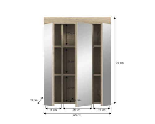 Dimensions d''une armoire de toilette avec portes ouvertes et compartiments intérieurs